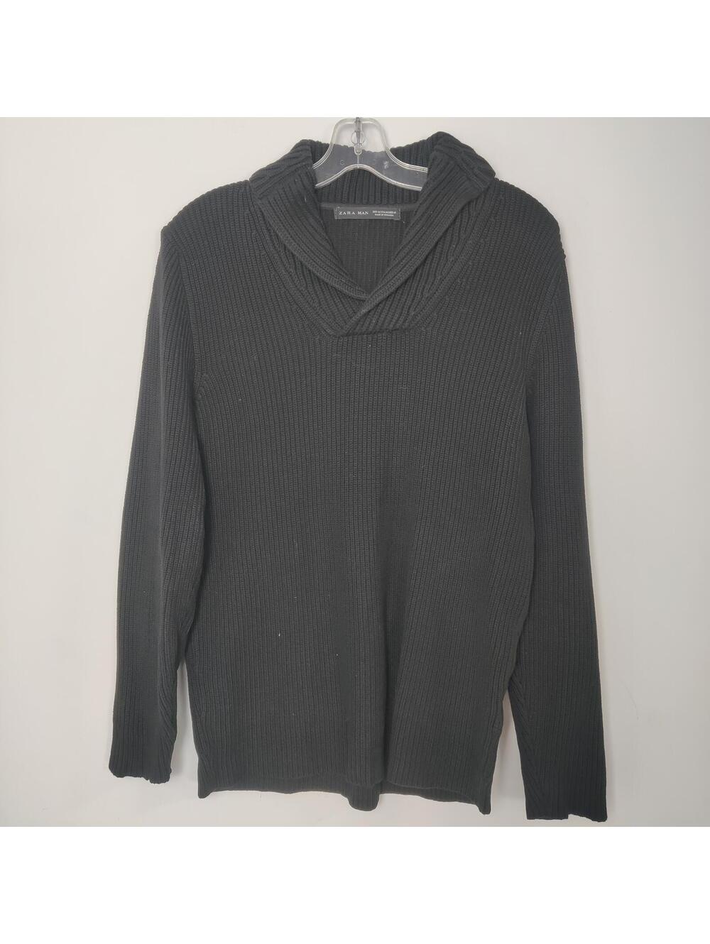 Zara Man Black Hooded Knit Sweater Size Medium Business Casual Quiet Luxury